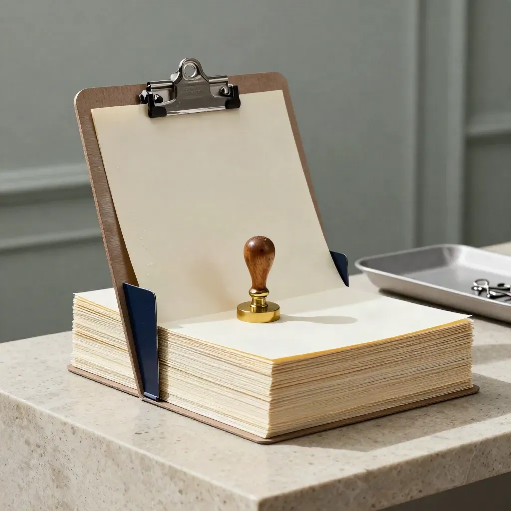 Blank intake sheets, clipboard, approval stamp, and paper tray on limestone plinth in dawn light.