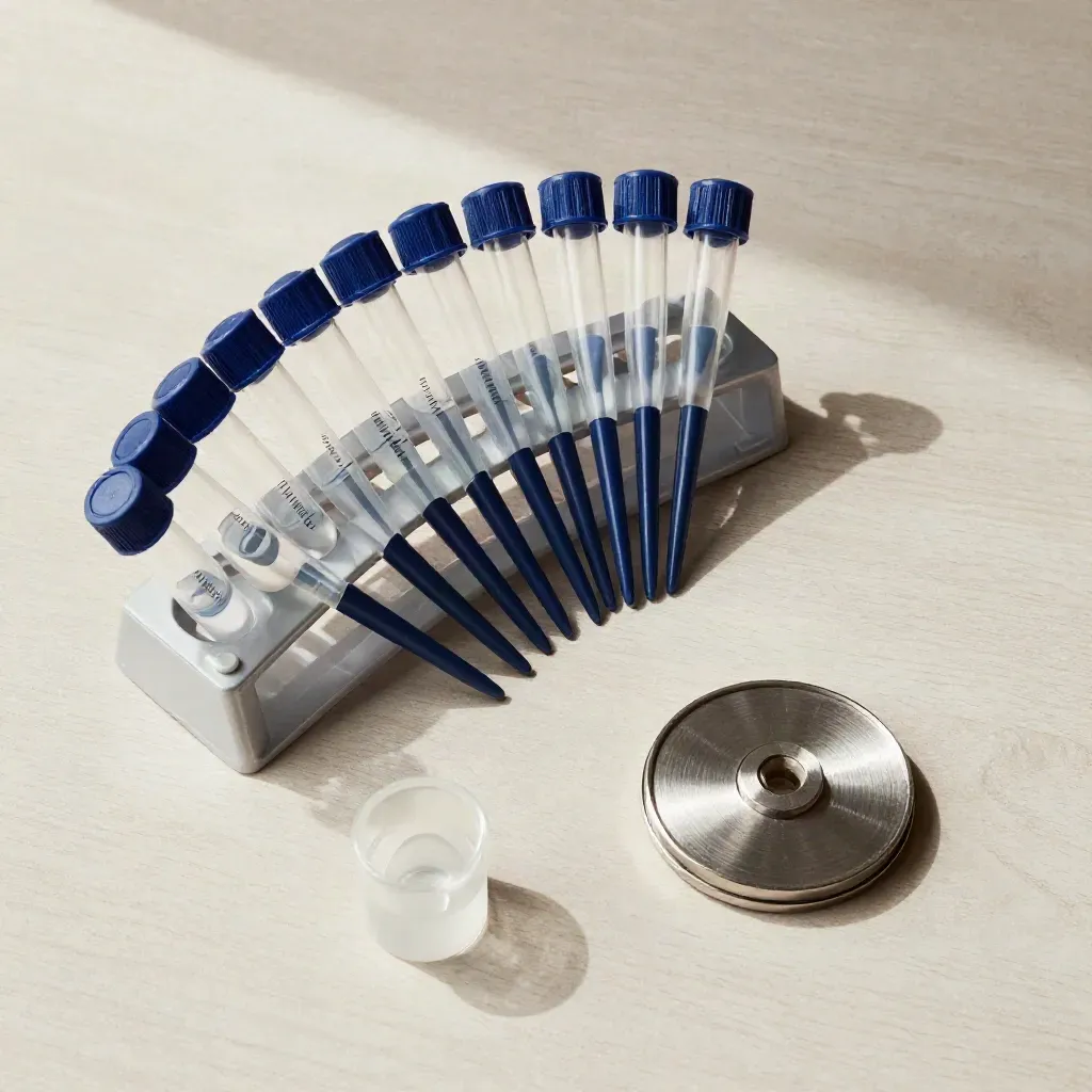 Overhead lab still life with pipette rack, sample vials and metal rotor insert on pale wood.