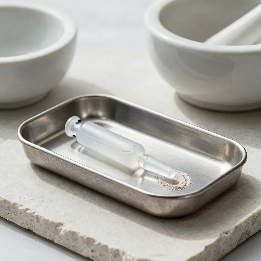 Brushed pill tray, frosted ampule and ceramic mortar rim on pale stone in soft mist.