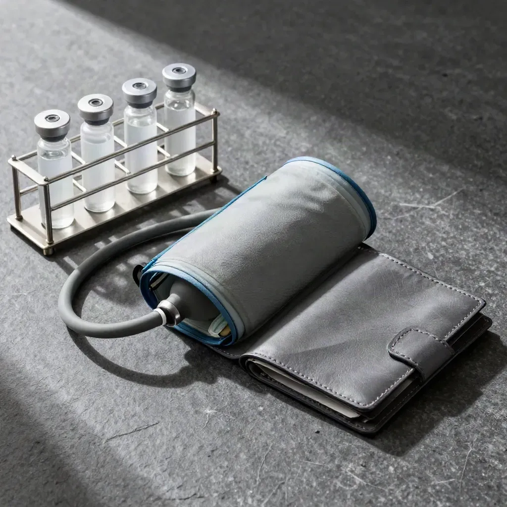 Cuff, specimen vials, and patient file wallets on charcoal stone with teal accents.
