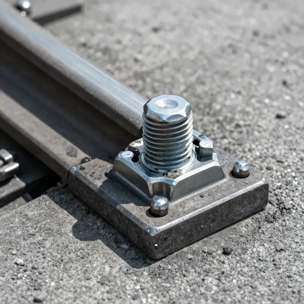 Rail fastening hardware on graphite concrete, macro close-up with oily steel textures.
