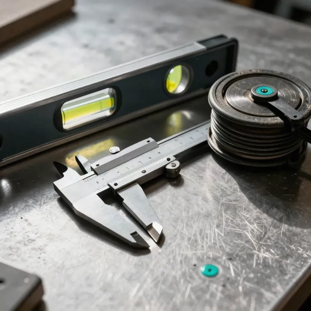Builder's level vial, folded caliper and chalk-line reel on brushed metal