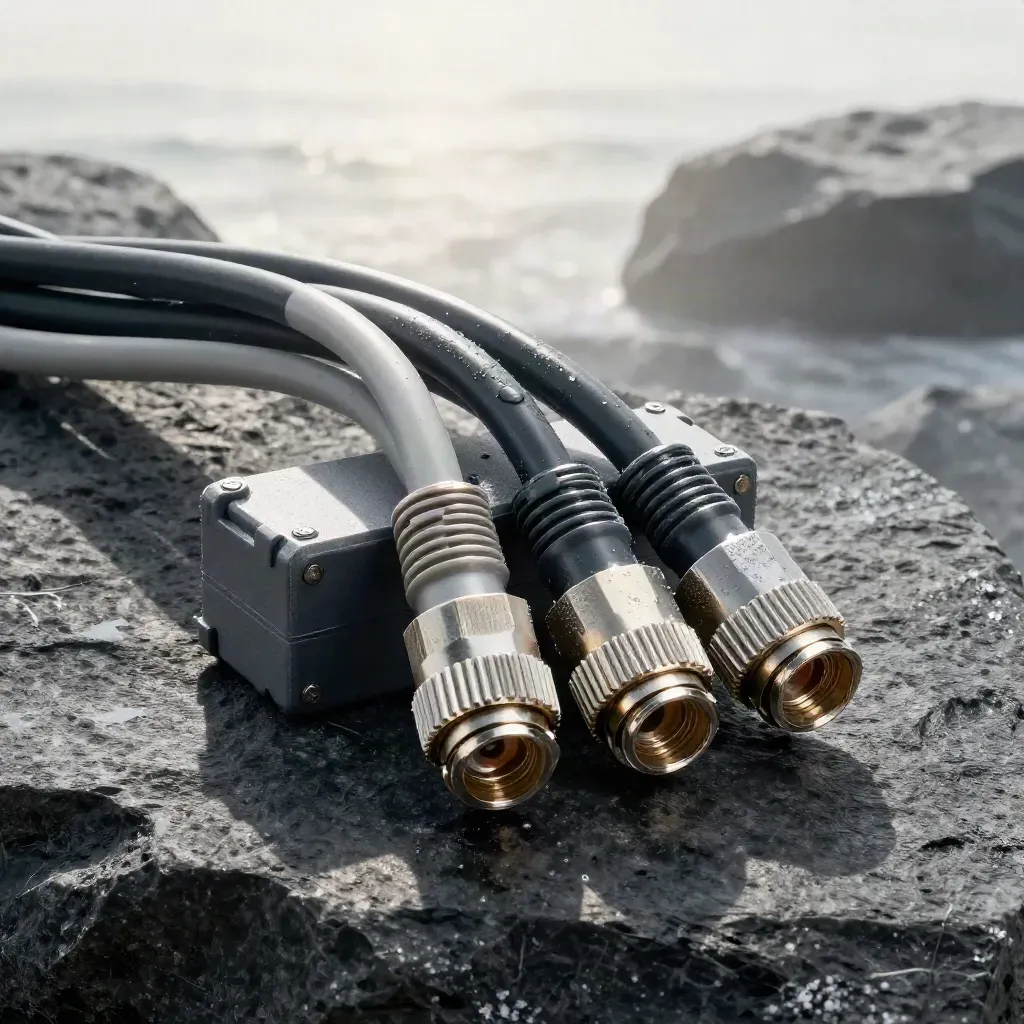 Marine connector blocks and cables on dark stone in dramatic studio light