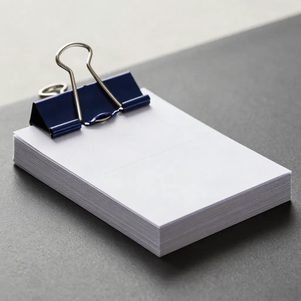 Brushed aluminium clipboard with die-cut form cards and binder clips on graphite.