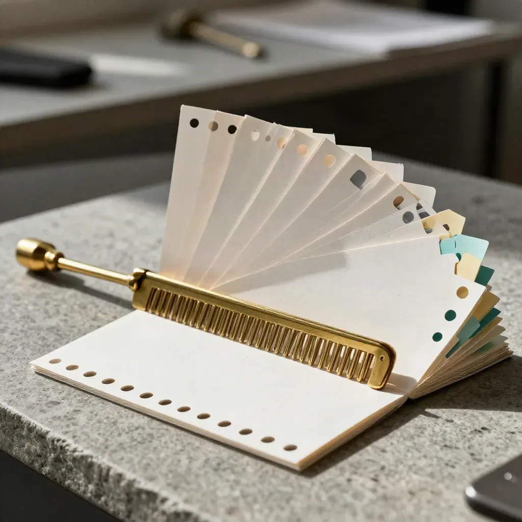Fanned blank survey cards, brass sorting comb and paper tabs on stone in dramatic studio light.