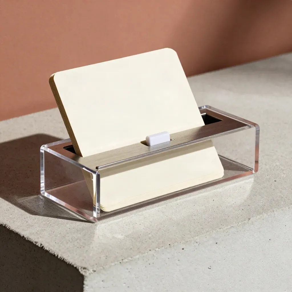 Acrylic lead-drop box with cards half-fed through a metal mail slot on concrete.