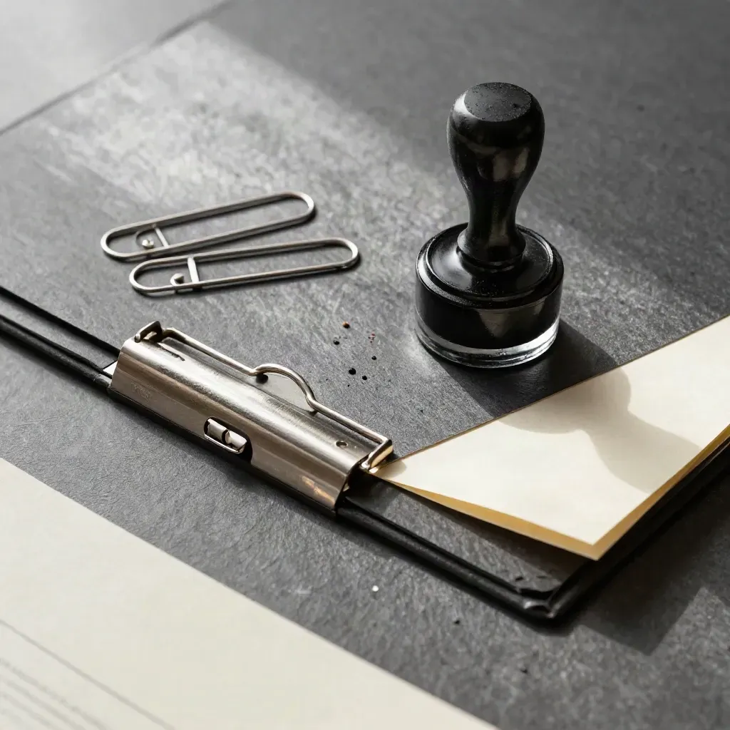 Approval stamp beside a clasped folder and paper fasteners on slate, overhead still life