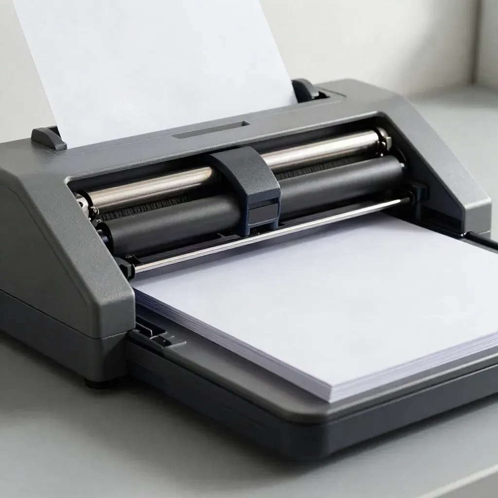 Macro of an open scanner tray cradling blank sheets with a clear cover sheet.