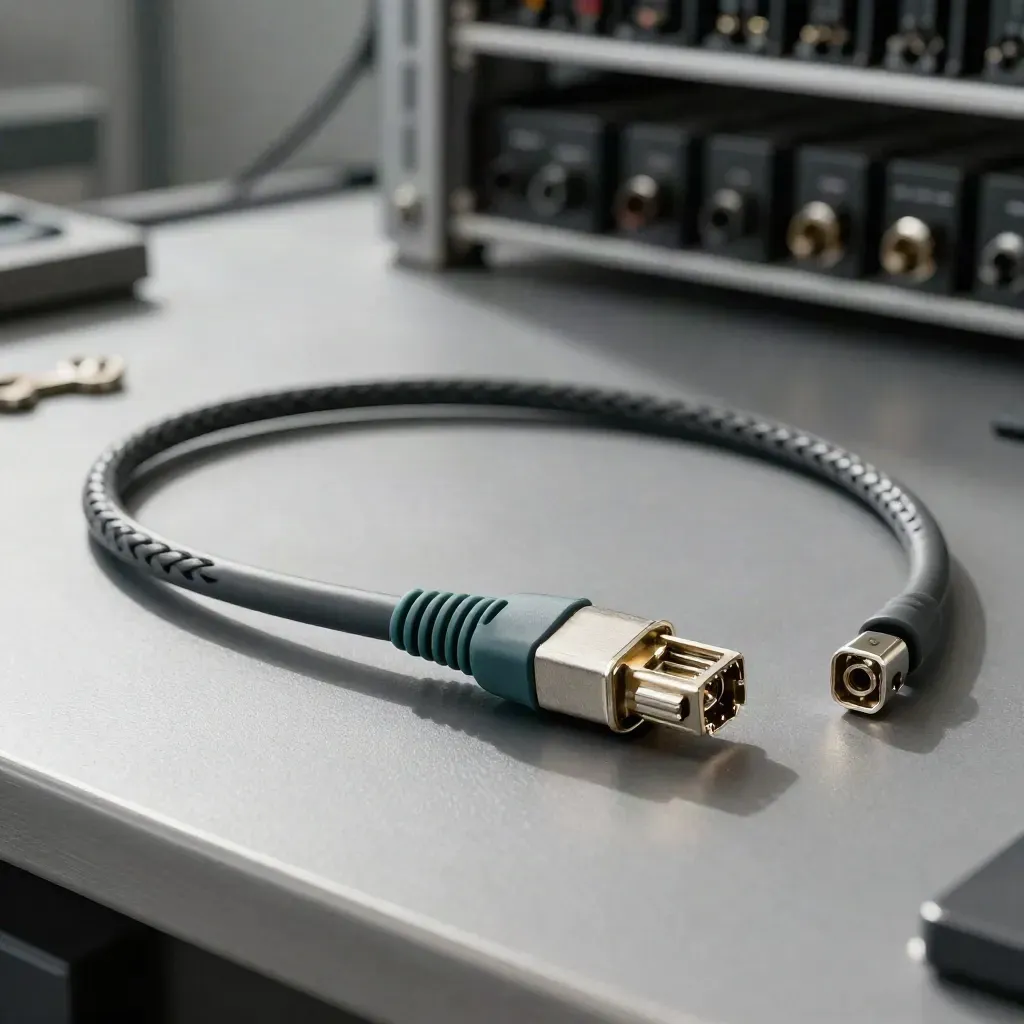 Braided patch cable links an RJ plug to a terminal block on brushed steel.