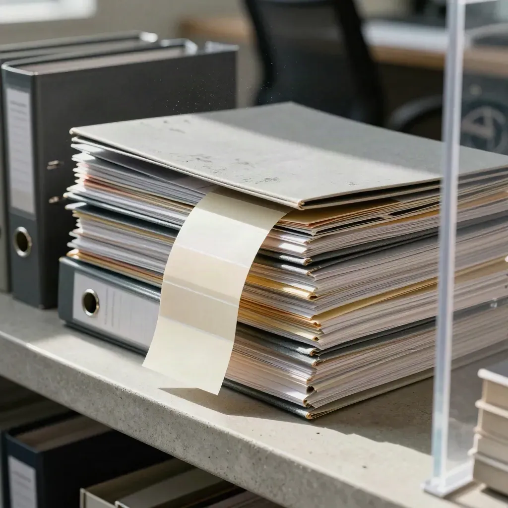 Client binders and open swatch books seen through a blurred acrylic divider