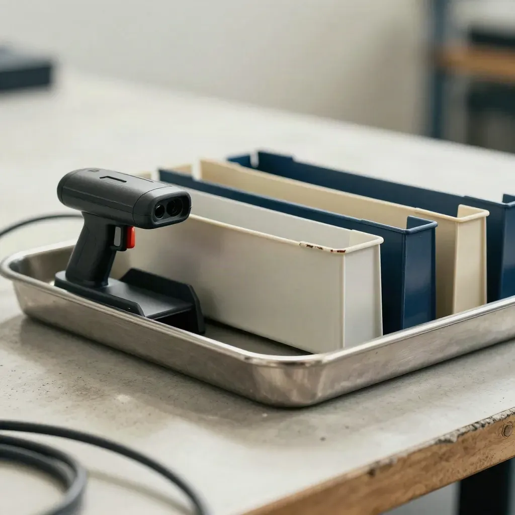 Macro still life of routing tray, scanner dock and file bins in warehouse light.