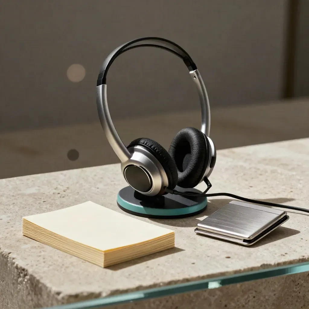 Headset cradle with note cards and a card case on warm stone, seen through blurred glass.