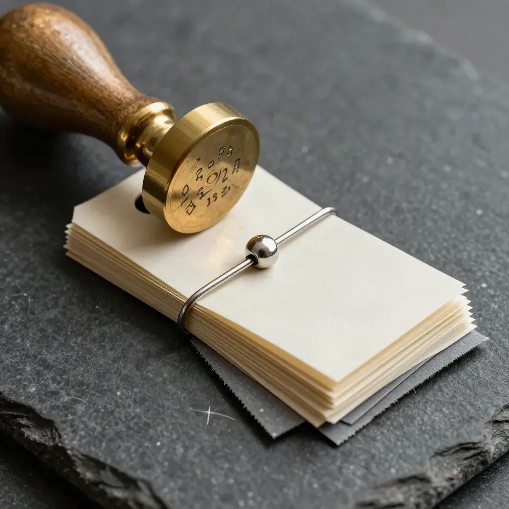 Brass approval stamp, routed file tags and a clasp on charcoal stone in a macro still life.