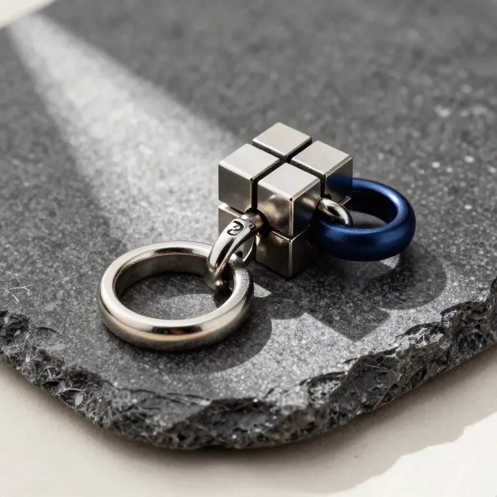 Macro of machined rings, connector cube and link pin on graphite stone.