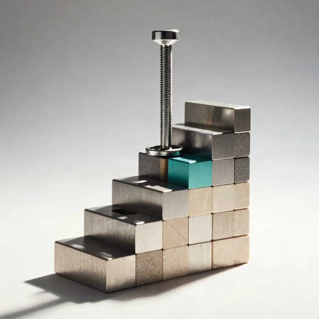 Stacked metal blocks and a pin on brushed metal, lit dramatically with a teal accent.