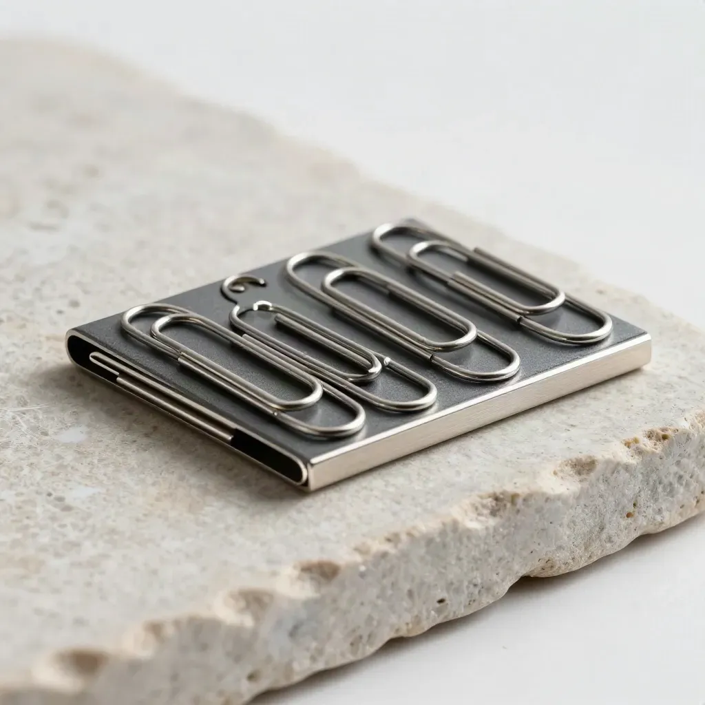 Metal clips and graphite spacer on pale stone, lit in a refined macro still life.