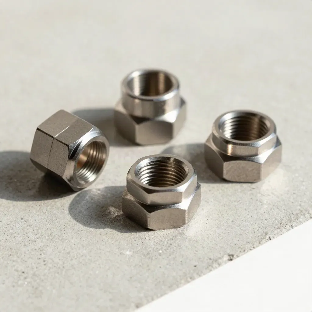 Hexagonal metal couplers and linked rings on brushed concrete in soft daylight.