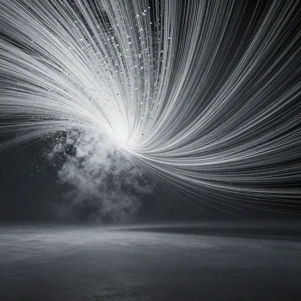 Silver filaments converge into a soft white bloom in dark graphite haze.